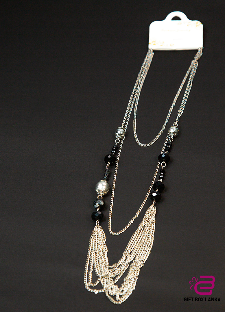 Silver Black Beads Necklace (D- 1179)